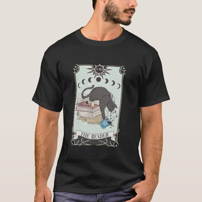 Retro Cat Books The Reader Tarot Card Halloween Re T-Shirt (Vorderseite)