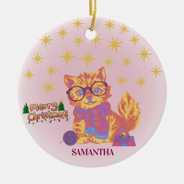 Retro Cat Ceramic Christmas Ornament (Vorne)