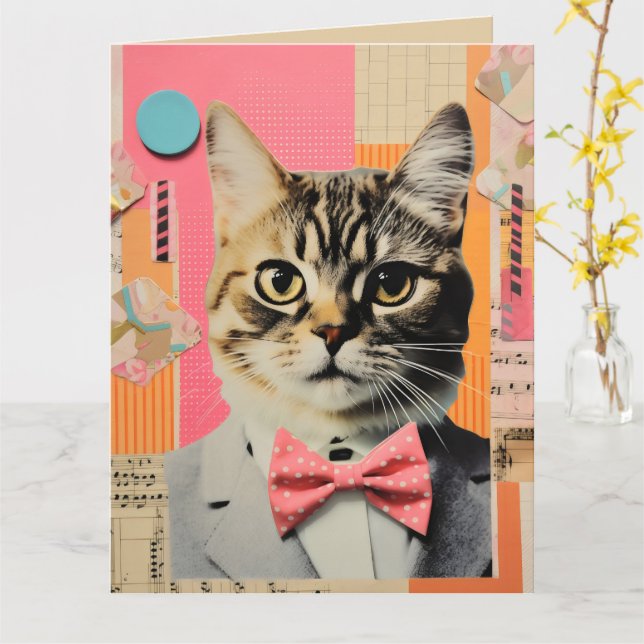 Retro Cat Collage Karte (Gelbe Blume)
