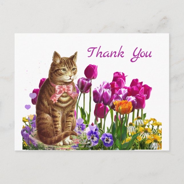Retro Cat in Tulip Garden Danke Postcard Postkarte (Vorderseite)