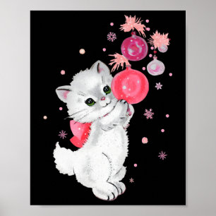 Retro Cat Kitten Plays mit rosa Weihnachtsnamen Poster