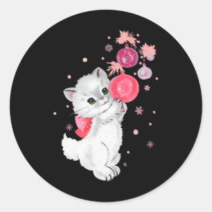 Retro Cat Kitten Plays mit rosa Weihnachtsnamen Runder Aufkleber