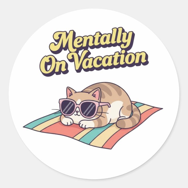 Retro Cat Mentally On Vacation Vinyl Sticker (Vorderseite)