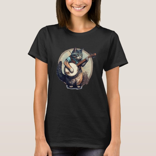 Retro Cat Playing Banjo Cute Kitten Banjo Player C T-Shirt (Vorderseite)