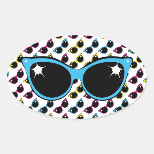 Retro Cat Sonnenbrille Muster mit Blau Ovaler Aufkleber