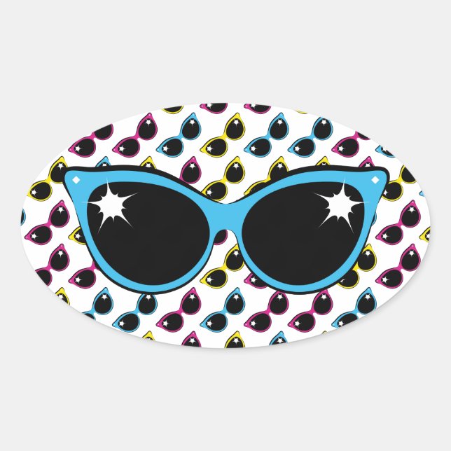 Retro Cat Sonnenbrille Muster mit Blau Ovaler Aufkleber (Vorderseite)