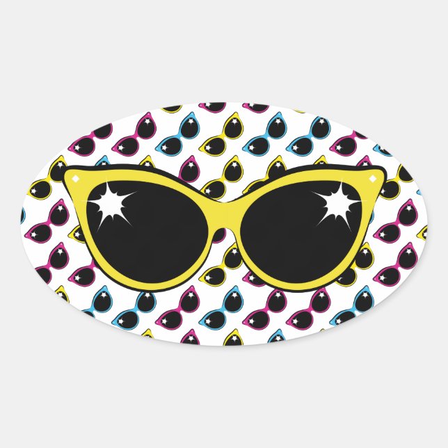 Retro Cat Sonnenbrille Muster mit Gelb Ovaler Aufkleber (Vorderseite)