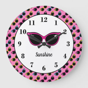 Retro Cat Sunglasses Pattern Pink Personalized Große Wanduhr
