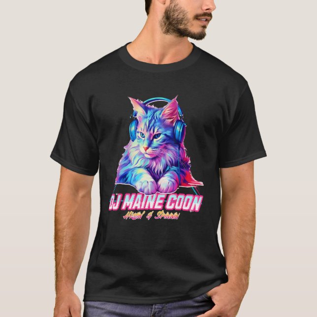 Retro Cat with Headphones  Music DJ Maine Coon Cat T-Shirt (Vorderseite)