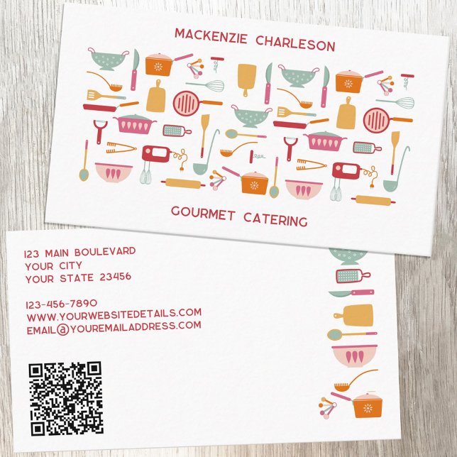 Retro-Catering-Bäckerei QR-Code Visitenkarte (Retro kitchen utensil QR code catering, bakery, cafe, cook or chef business card)