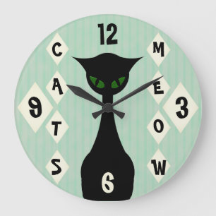 Retro Cats Meow Mid-Century-Modern Green Große Wanduhr