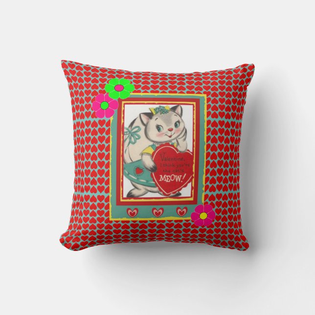 Retro "Cat's Meow" Valentines Kitty Throw Kissen (Vorderseite)