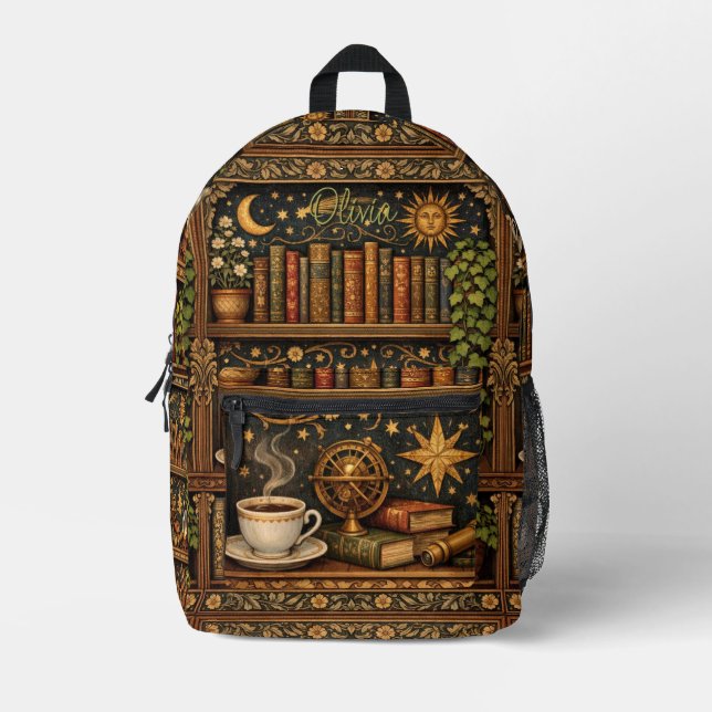 Retro celestial bookshelf book coffee lover bedruckter rucksack (Vorderseite)