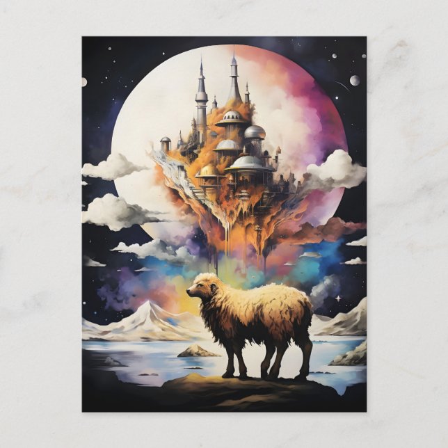 Retro Celestial Moon Sheep Adventure Feiertagspostkarte (Vorderseite)