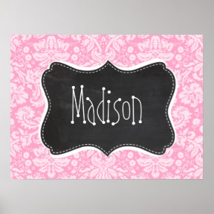 Retro Chalkboard Carnation Pink Damask Muster Poster