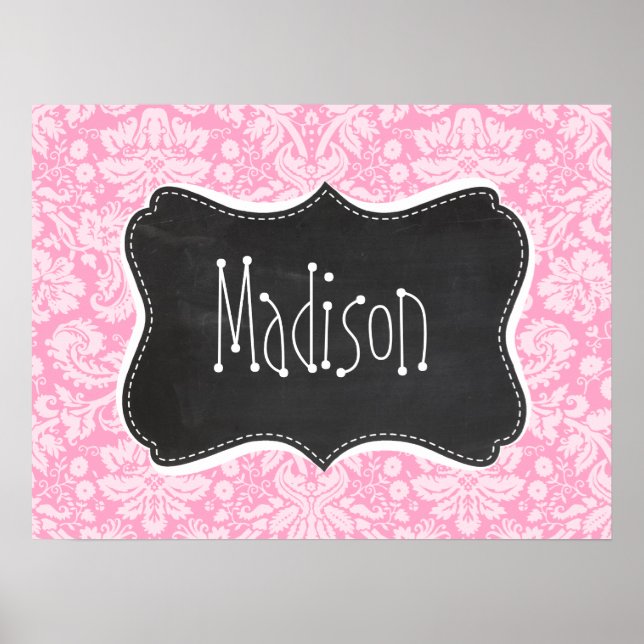 Retro Chalkboard Carnation Pink Damask Muster Poster (Vorne)