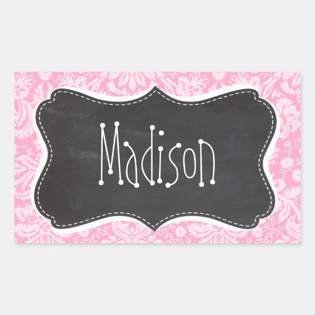 Retro Chalkboard Carnation Pink Damask Muster Rechteckiger Aufkleber (Vorderseite)