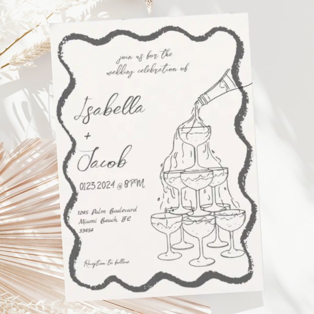 Retro Champagne Tower Wavy Hand Drawn Wedding Einladung (Von Creator hochgeladen)
