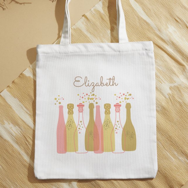 Retro Champagner Flaschen Personalisiert Retro 196 Tragetasche (This champagne tote features pastel-colored rose and gold bottles for a pretty glam 1960s look.)