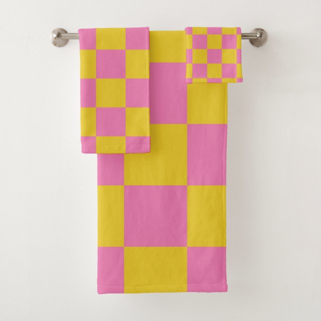 Retro Checked Pink Yellow Badhandtuch Set (Insitu)