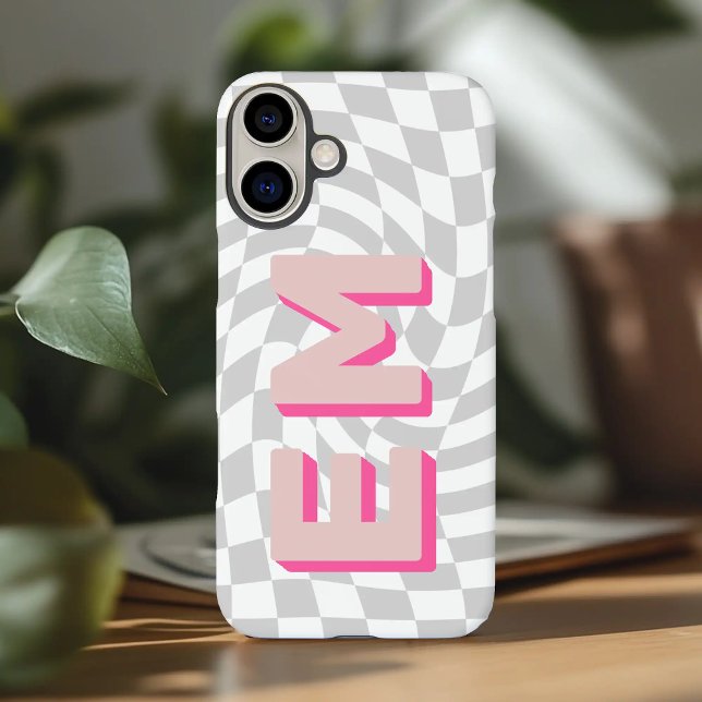Retro Checkerboard Ästhetische Monogramm Case-Mate iPhone Hülle (Aesthetic retro initials checkerboard pattern iphone 16 plus  case)