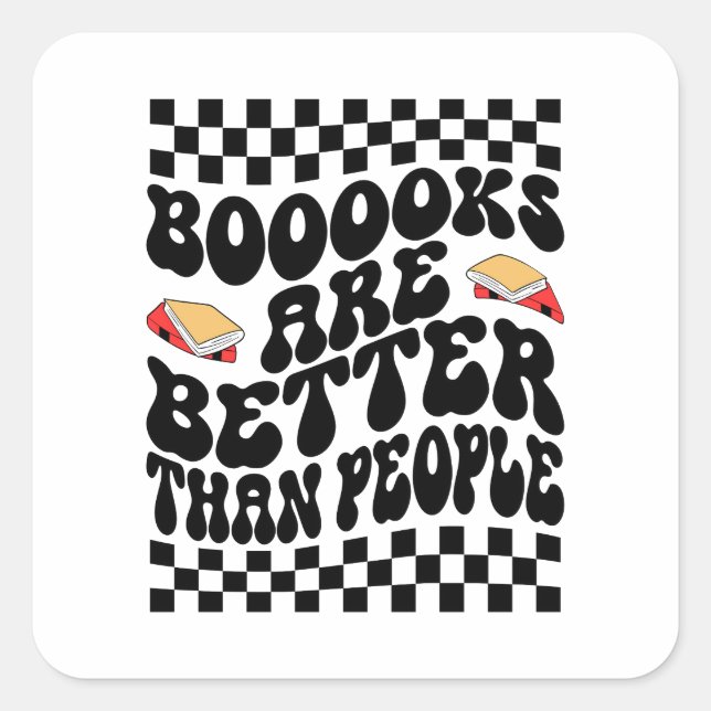 Retro Checkerboard "Books Are Better" Graphic Quadratischer Aufkleber (Vorderseite)