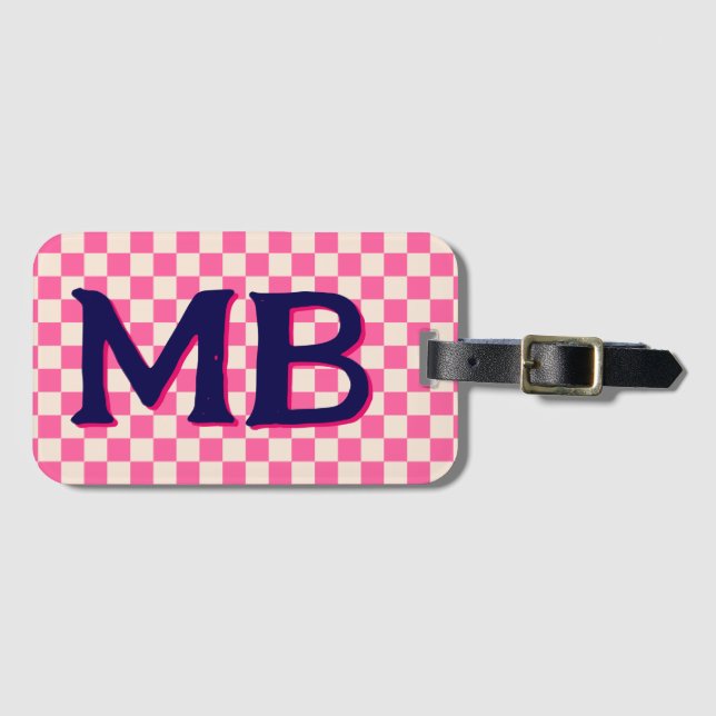Retro Checkerboard Checked Patches Pink Blau Gepäckanhänger (Vorderseite (Horizontal))