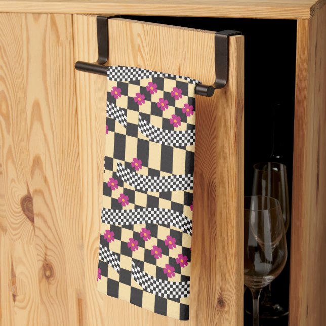 Retro-Checkerboard-Design mit Blume Geschirrtuch (Drittel gefaltet)
