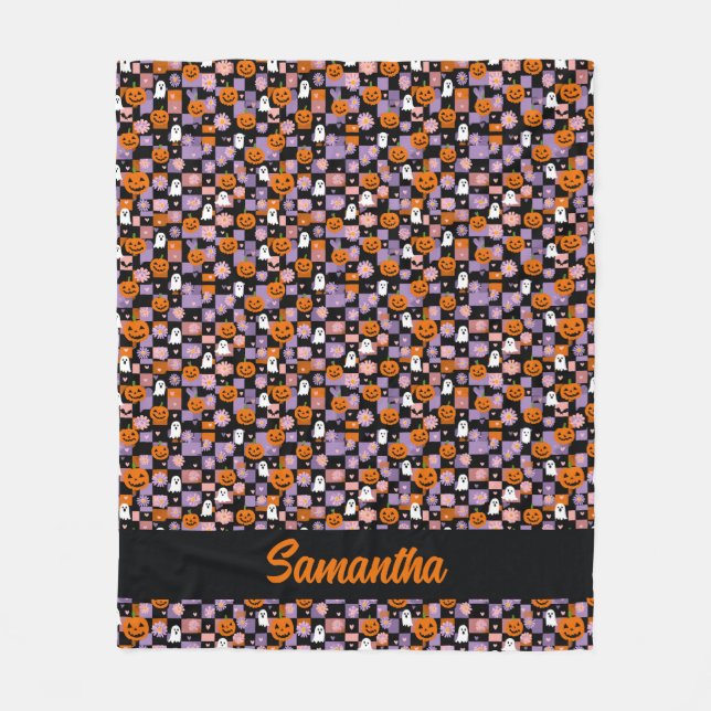 Retro Checkerboard Halloween Geister und Pumpkins Fleecedecke (Vorderseite)