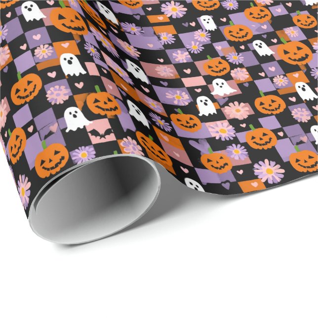 Retro Checkerboard Halloween Geister und Pumpkins Geschenkpapier (Rolleneckpunkt)