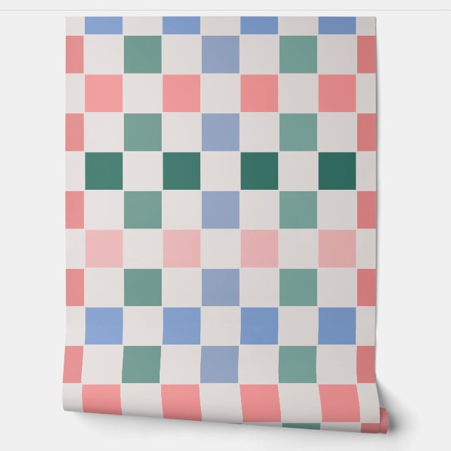 Retro Checkerboard Kariert (Rosa, Grün, Blau) Tapete (Abrollen)