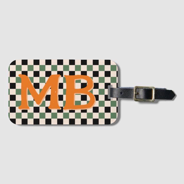 Retro Checkerboard Kariertes Muster Grün Orange Gepäckanhänger (Vorderseite (Horizontal))