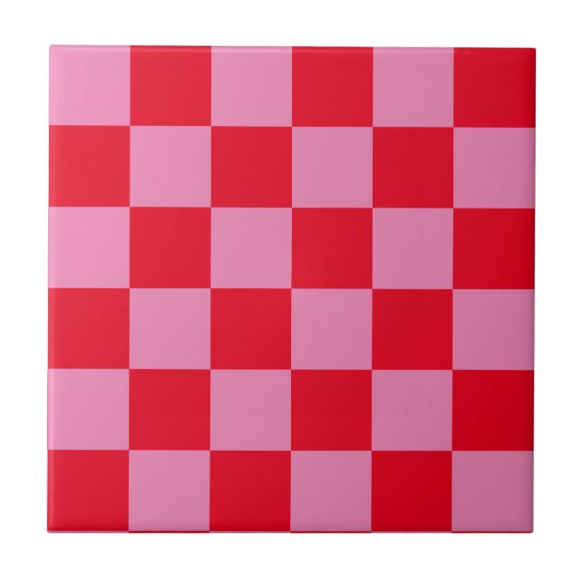 Retro Checkerboard Schachbrettmuster rosa Orange Fliese (Vorderseite)