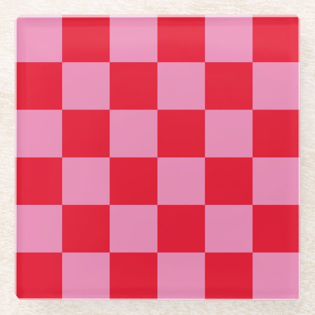 Retro Checkerboard Schachbrettmuster rosa Orange Glasuntersetzer (Vorderseite)