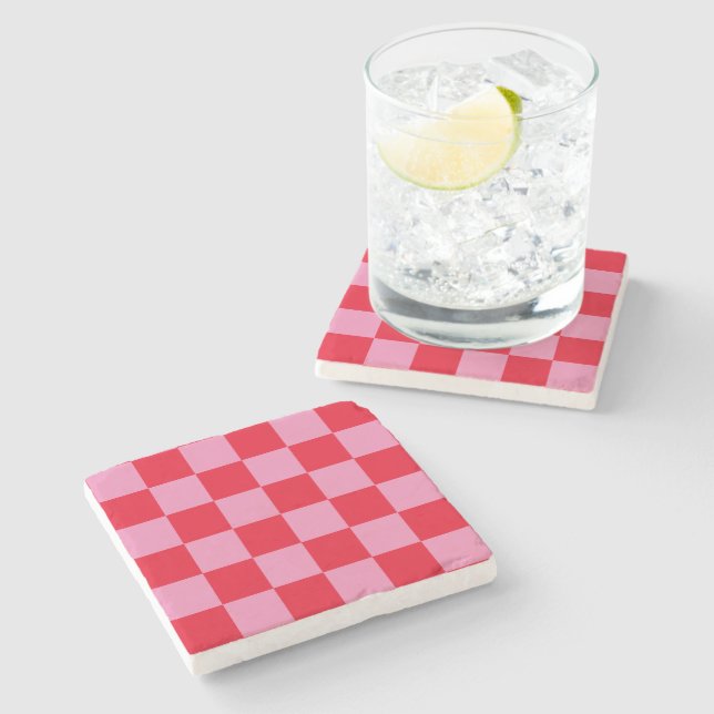 Retro Checkerboard Schachbrettmuster rosa Orange Steinuntersetzer (Seitenansicht)