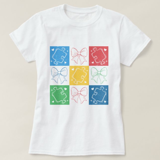 Retro Checkered Autismus Awareness Coquette Bow T-Shirt (Design vorne)