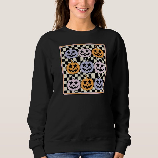 Retro Checkered Beängstigend Pumpkin Set Spooky Se Sweatshirt (Vorderseite)