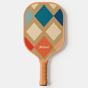 Retro Checkered Beige Blue Orange Monogram Pickleball Schläger