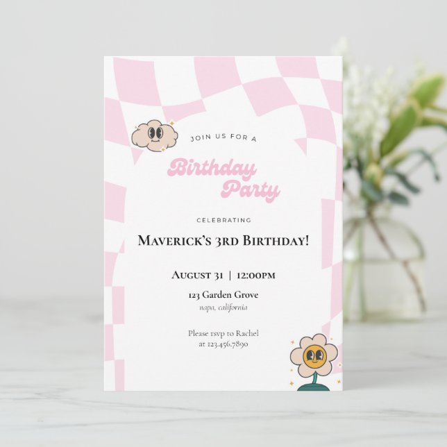 Retro Checkered Birthday Einladung (Stehend Vorderseite)