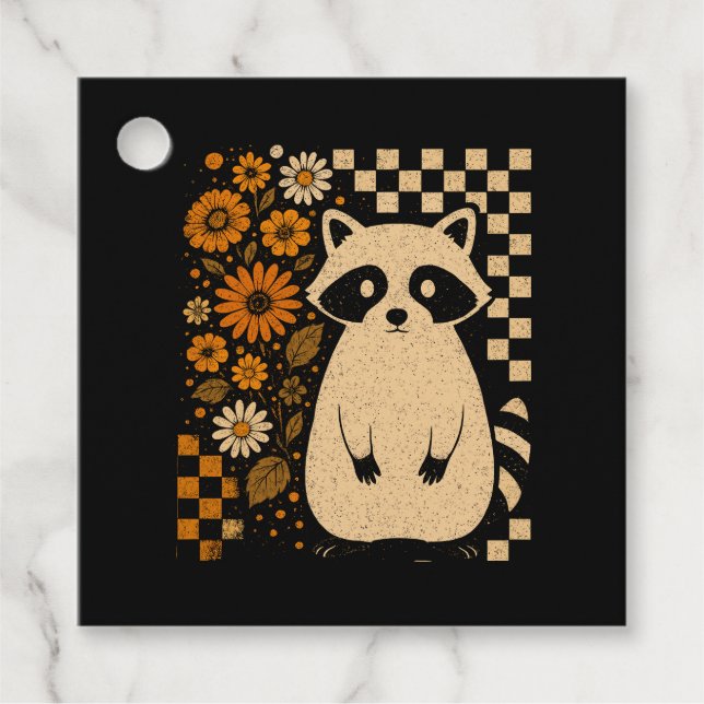 Retro Checkered Halloween Raccoon Geschenkanhänger (Vorderseite)