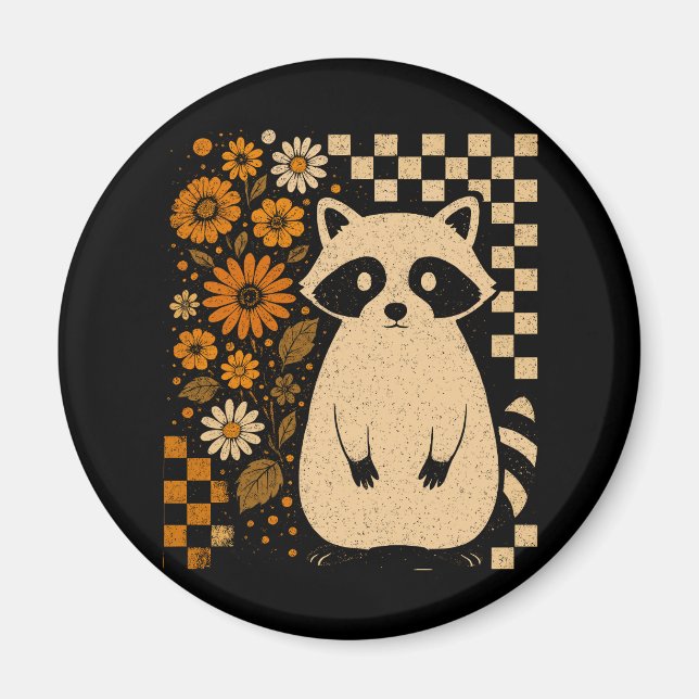 Retro Checkered Halloween Raccoon Magnet (Vorne)