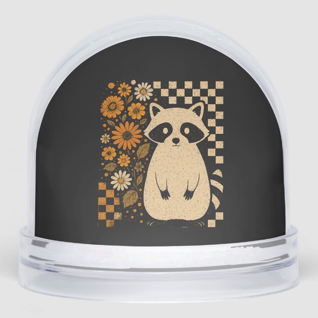 Retro Checkered Halloween Raccoon Schneekugeln (Vorderseite)