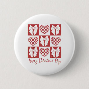 Retro Checkered Heart Coquette Bow Happy Valentine Button