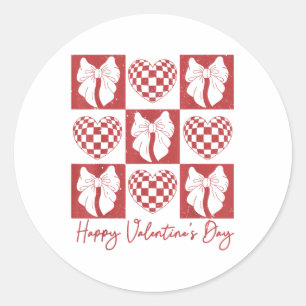 Retro Checkered Heart Coquette Bow Happy Valentine Runder Aufkleber