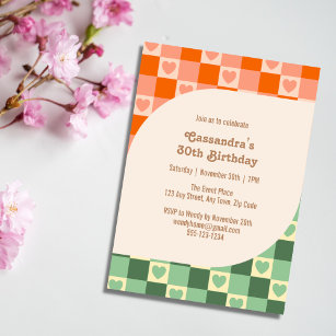 Retro Checkered Herz Green Orange Geburtstag Einladung