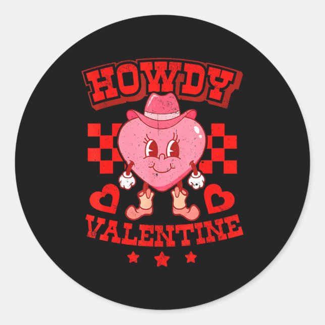 Retro Checkered Howdy Western Valentines Day Cowbo Runder Aufkleber (Vorderseite)