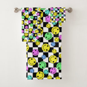 Retro Checkered Lächeln Gesichter Badhandtuch Set