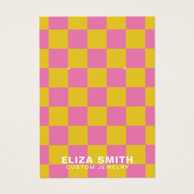 Retro Checkered Pink Yellow Juwelier Display Card (Vorderseite)