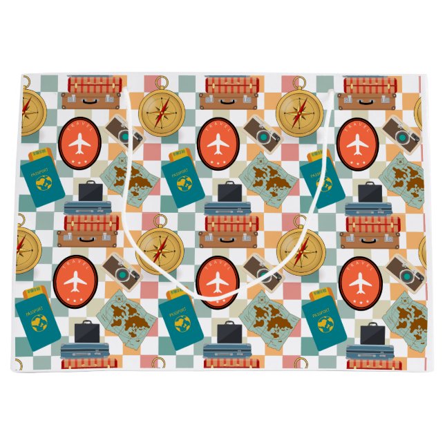 Retro Checkered Vacation Travel Themed Große Geschenktüte (Vorderseite)