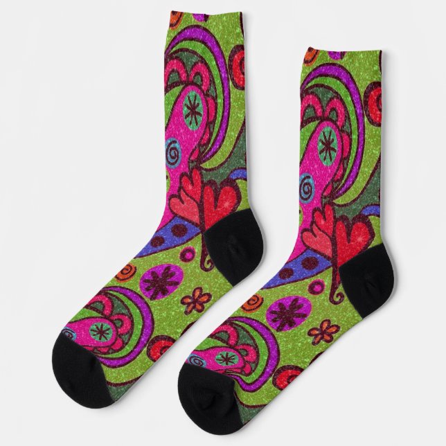 Retro Cheerful Hearts and Flowers Multicolor Socken (Linkes Detail)